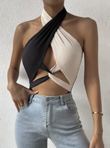 SHEIN Unity Two Tone Cut Out Twist Front Halter Neck Backless Bodysuit