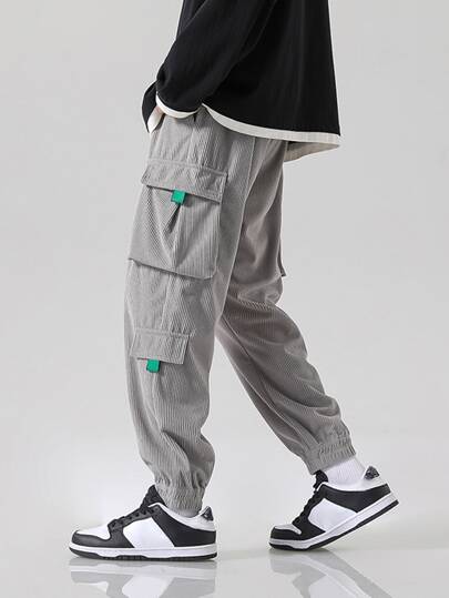 Men Flap Pocket Corduroy Cargo Pants