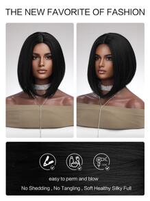 自然短直筒人造假髮 - 黑色 - 查看 6