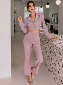 Button Front Crop Blazer & Flare Leg Trousers Set - Mauve Purple - View 1