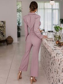Button Front Crop Blazer & Flare Leg Trousers Set - Mauve Purple - View 2