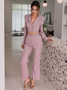 Button Front Crop Blazer & Flare Leg Trousers Set - Mauve Purple - View 6