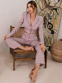Button Front Crop Blazer & Flare Leg Trousers Set - Mauve Purple - View 7
