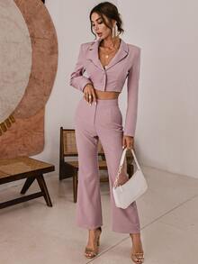 Button Front Crop Blazer & Flare Leg Trousers Set - Mauve Purple - View 8