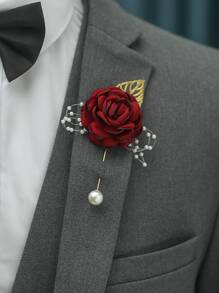 Faux Pearl & Flower Decor Boutonniere - Red - View 1