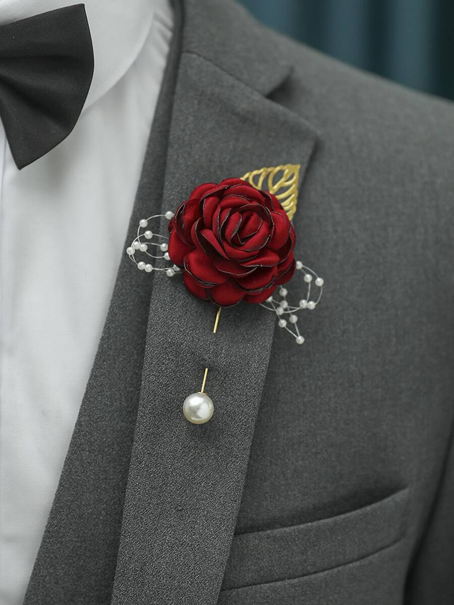 Faux Pearl & Flower Decor Boutonniere - Red - View 1