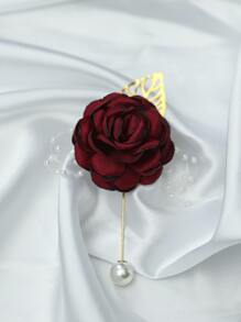 Faux Pearl & Flower Decor Boutonniere - Red - View 2