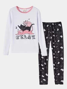 Tween Girl Letter & Cartoon Graphic Snug Fit PJ Set - Black and White - View 1