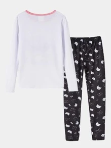 Tween Girl Letter & Cartoon Graphic Snug Fit PJ Set - Black and White - View 2