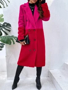 Two Tone Double Breasted Lapel Neck Teddy Coat - Multicolor - View 5