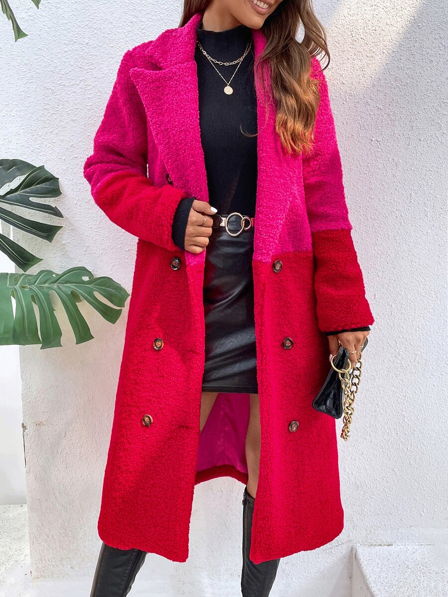 Two Tone Double Breasted Lapel Neck Teddy Coat - Multicolor - View 1