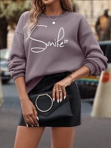 SHEIN LUNE Heart And Letter Graphic Drop Shoulder Thermal Sweatshirt - Dusty Purple - View 4