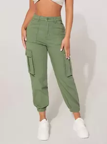 SHEIN PETITE 高腰翻蓋口袋工裝牛仔褲 - 軍綠色 - 查看 1