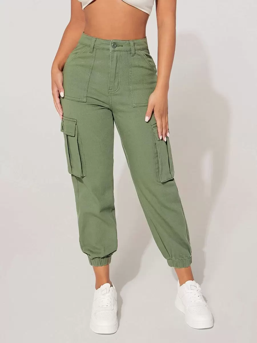 SHEIN PETITE 高腰翻蓋口袋工裝牛仔褲 - 軍綠色 - 查看 1