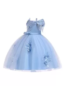 女童蝴蝶結網紗緞面蓬蓬公主舞會禮服，適合派對，不含髮箍 - 淺藍色 - 查看 3