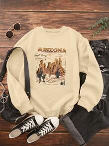 SHEIN EZwear Cactus And Letter Print Thermal Sweatshirt - Khaki - View 1