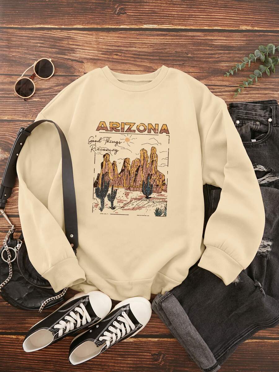 SHEIN EZwear Cactus And Letter Print Thermal Sweatshirt - Khaki - View 1