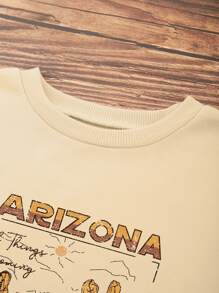 SHEIN EZwear Cactus And Letter Print Thermal Sweatshirt - Khaki - View 3