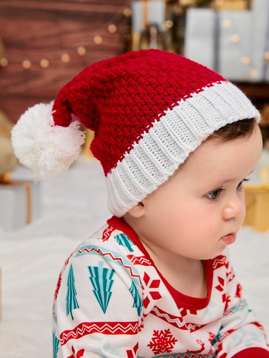 1pc Baby Plush Ball Decor Hat - Red - View 1