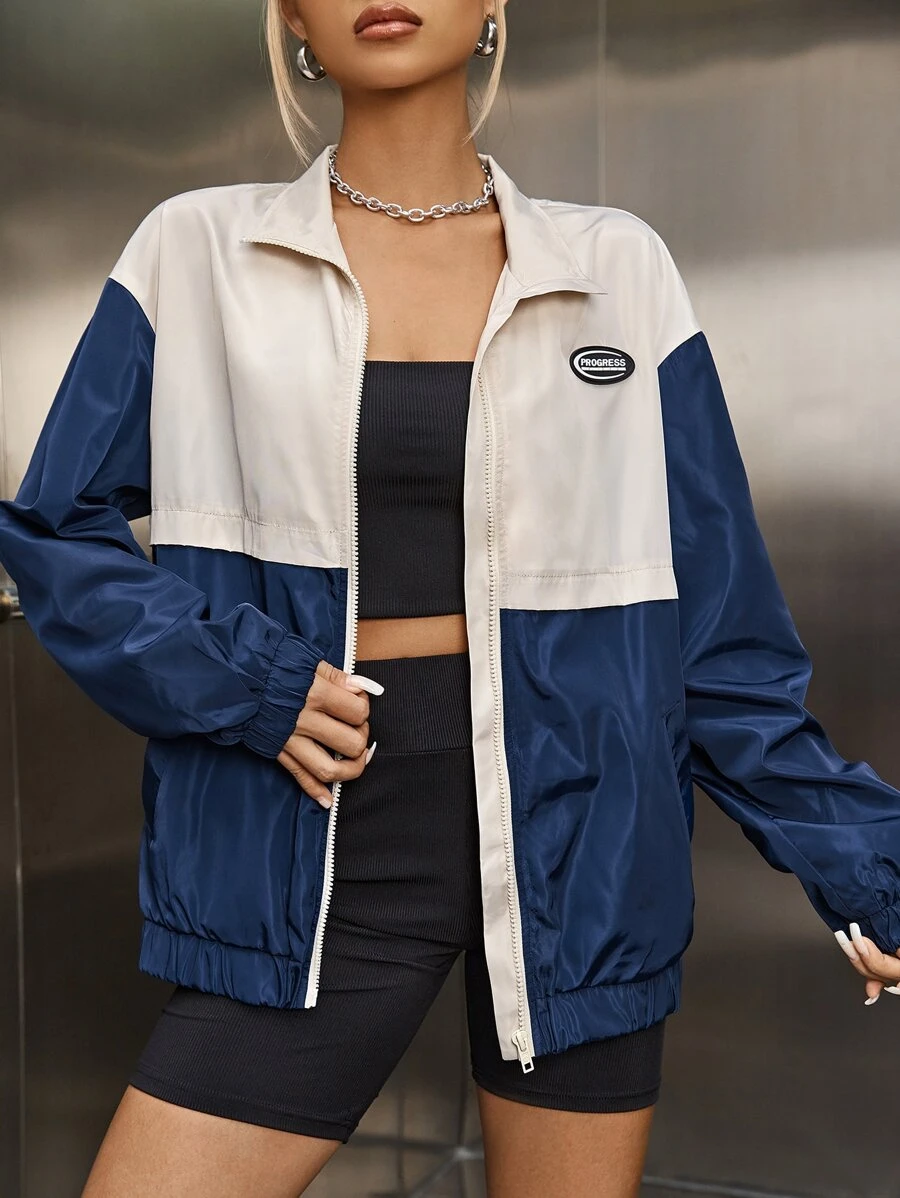 Muchica Two Tone Letter Patched Detail Drop Shoulder Zipper Jacket - Blue and White - View 1
