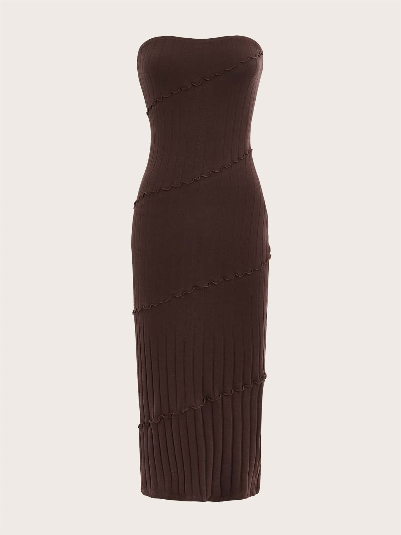 SHEIN Privé 素色露背抹胸洋裝 - 巧克力棕 - 查看 1