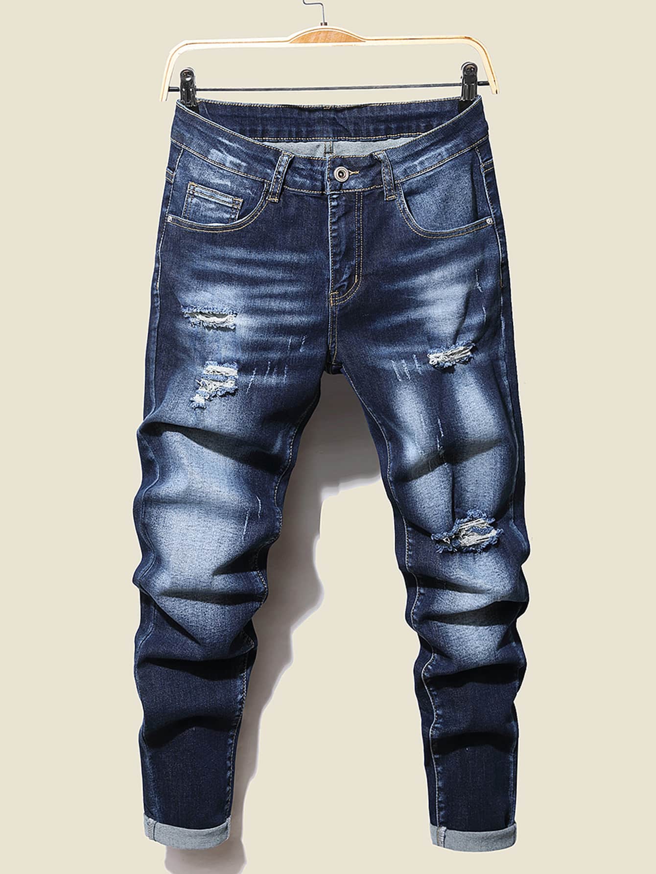 Manfinity LEGND 男士棉漂白水洗破洞貓抓緊身牛仔褲 - 深色水洗藍 - 查看 1