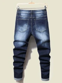 Manfinity LEGND 男士棉漂白水洗破洞貓抓緊身牛仔褲 - 深色水洗藍 - 查看 2