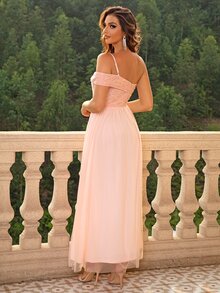 Joyfunear One Shoulder Split Thigh Sequin Detail Mesh Overlay Dress - Coral Pink - View 2