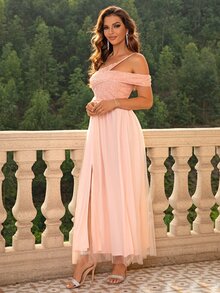 Joyfunear One Shoulder Split Thigh Sequin Detail Mesh Overlay Dress - Coral Pink - View 6