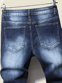 Manfinity LEGND 男士棉漂白水洗破洞貓抓緊身牛仔褲 - 深色水洗藍 - 查看 6