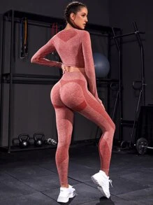 Seamless Raglan Sleeve Thumb Holes Wide Waistband Sports Set Yoga Suitred Workout Set - Rusty Rose - View 1