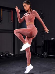 Seamless Raglan Sleeve Thumb Holes Wide Waistband Sports Set Yoga Suitred Workout Set - Rusty Rose - View 3