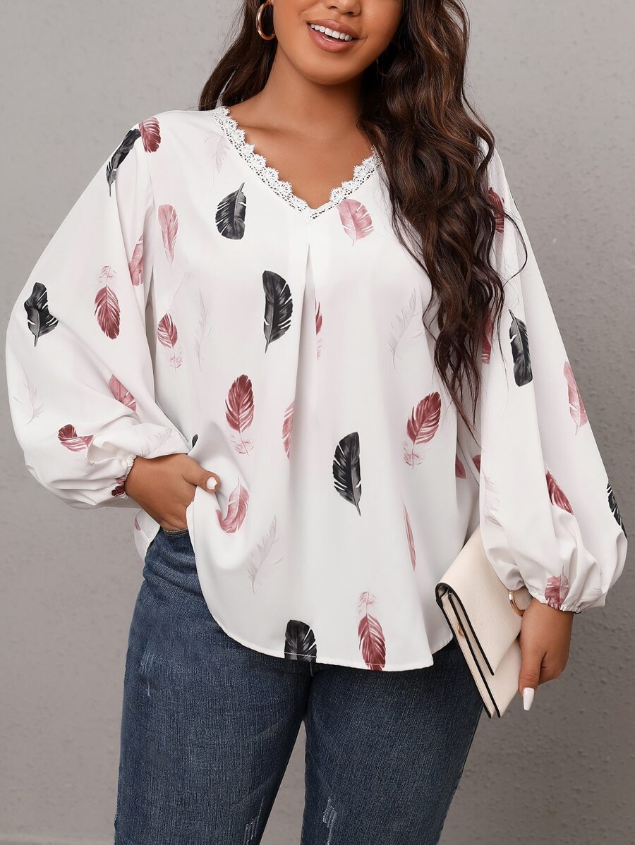 SHEIN LUNE Áo sơ mi Plus Size Tương phản ren Bộ lạc Giải trí - trắng - Xem 1