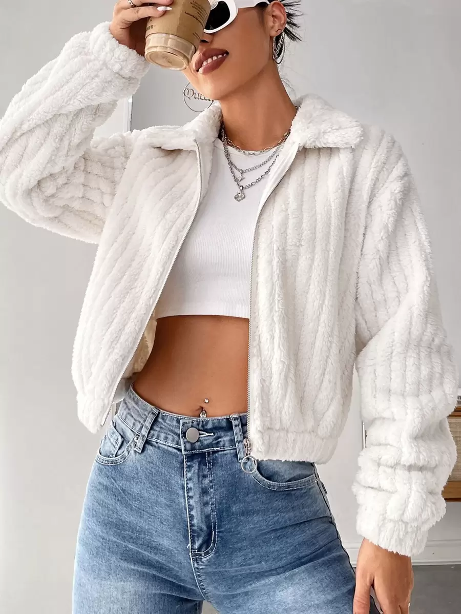 SHEIN EZwear Zip Up Drop Shoulder Teddy Jacket - White - View 1