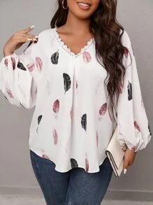 SHEIN LUNE Áo sơ mi Plus Size Tương phản ren Bộ lạc Giải trí - trắng - Xem 3