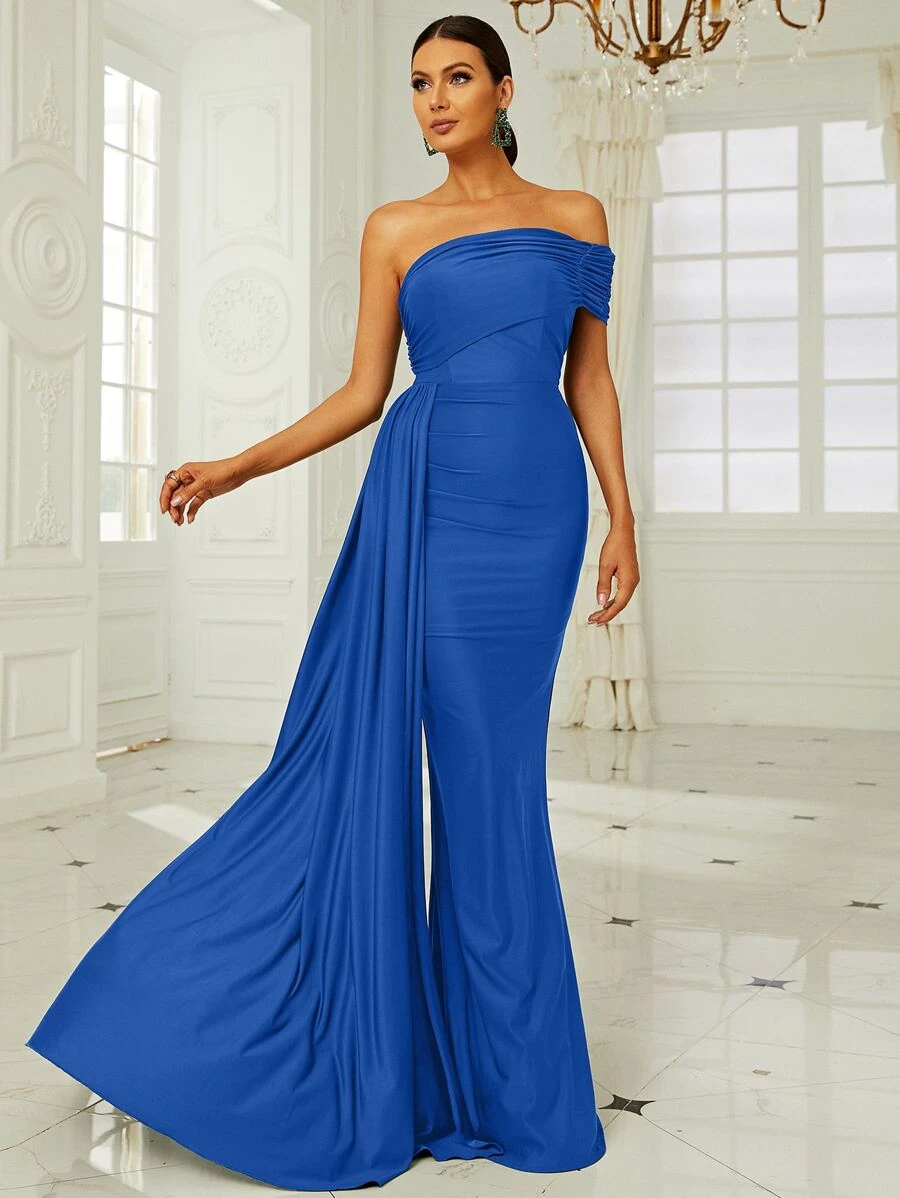 Missord One Shoulder Side Draped Formal Dress - Blue - View 1