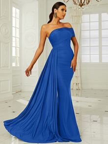 Missord One Shoulder Side Draped Formal Dress - Blue - View 3