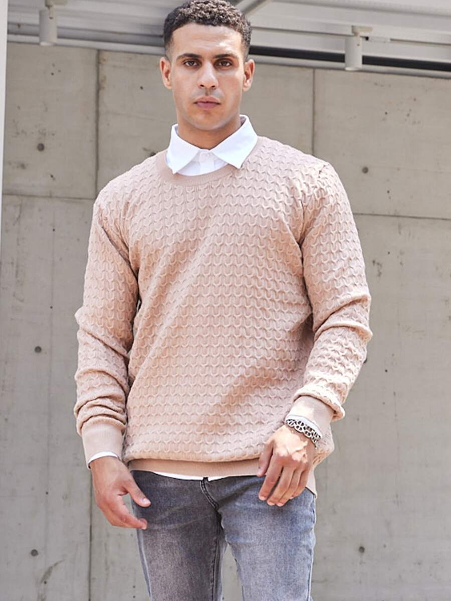 男士1入組麻花編織套頭毛衣 - 卡其色 - 查看 1