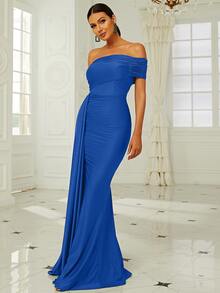 Missord One Shoulder Side Draped Formal Dress - Blue - View 6