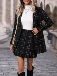 Chiquease Plaid Single Button Blazer & Skirt - Black - View 1