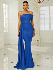 Missord One Shoulder Side Draped Formal Dress - Blue - View 7