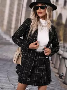Chiquease Plaid Single Button Blazer & Skirt - Black - View 3