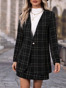 Chiquease Plaid Single Button Blazer & Skirt - Black - View 5