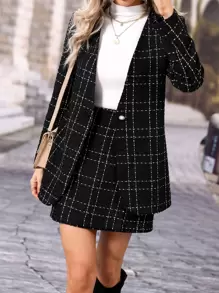 Chiquease Plaid Single Button Blazer & Skirt - Black - View 6