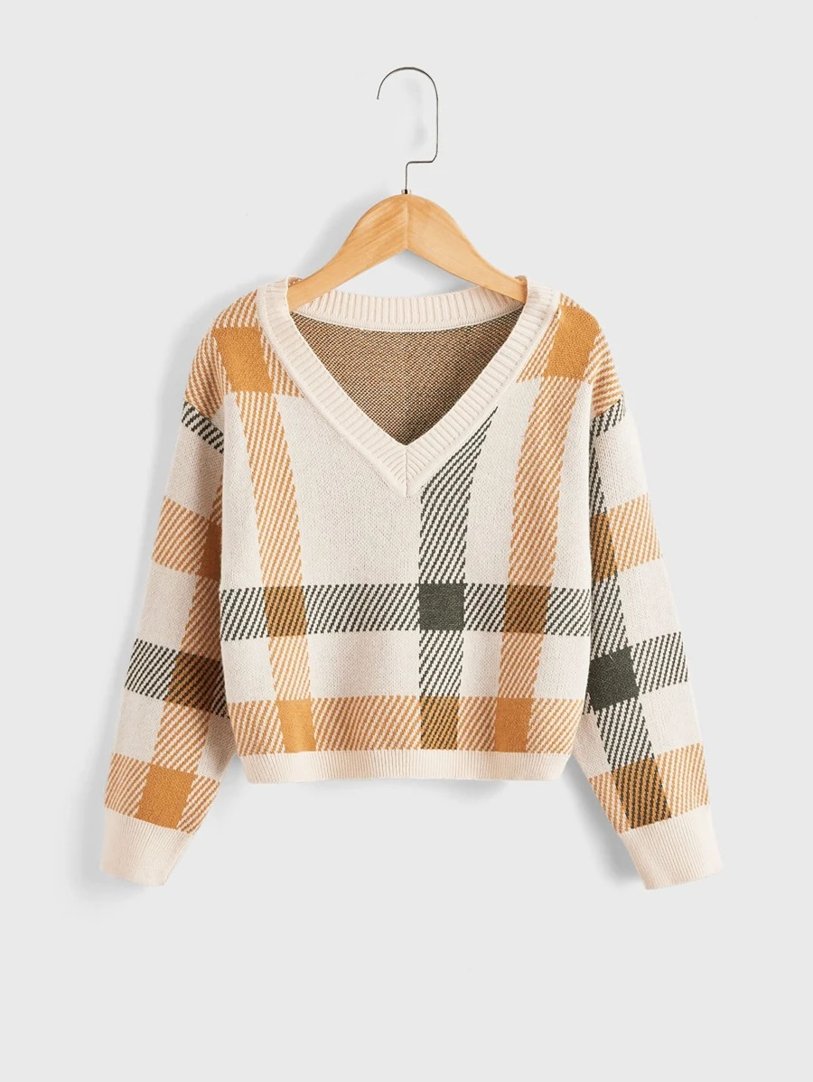 Girls Plaid Pattern Drop Shoulder Jumper - Multicolor - View 1