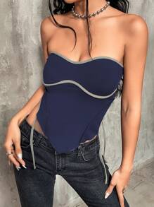 SHEIN ICON Áo nữ Bất đối xứng Tương phản ràng buộc màu trơn Gợi cảm - Màu xanh hải quân - Xem 3