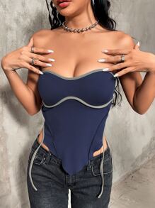 SHEIN ICON Áo nữ Bất đối xứng Tương phản ràng buộc màu trơn Gợi cảm - Màu xanh hải quân - Xem 1