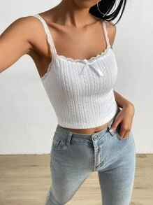 Muchica Balletcore Lace Trim Bow Front Cami Top - White - View 1