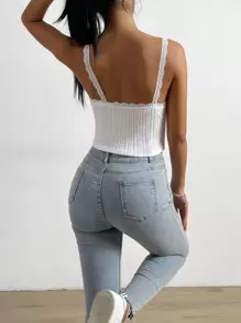 Muchica Balletcore Lace Trim Bow Front Cami Top - White - View 2