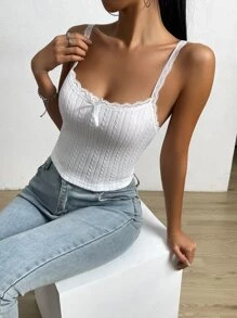 Muchica Balletcore Lace Trim Bow Front Cami Top - White - View 4